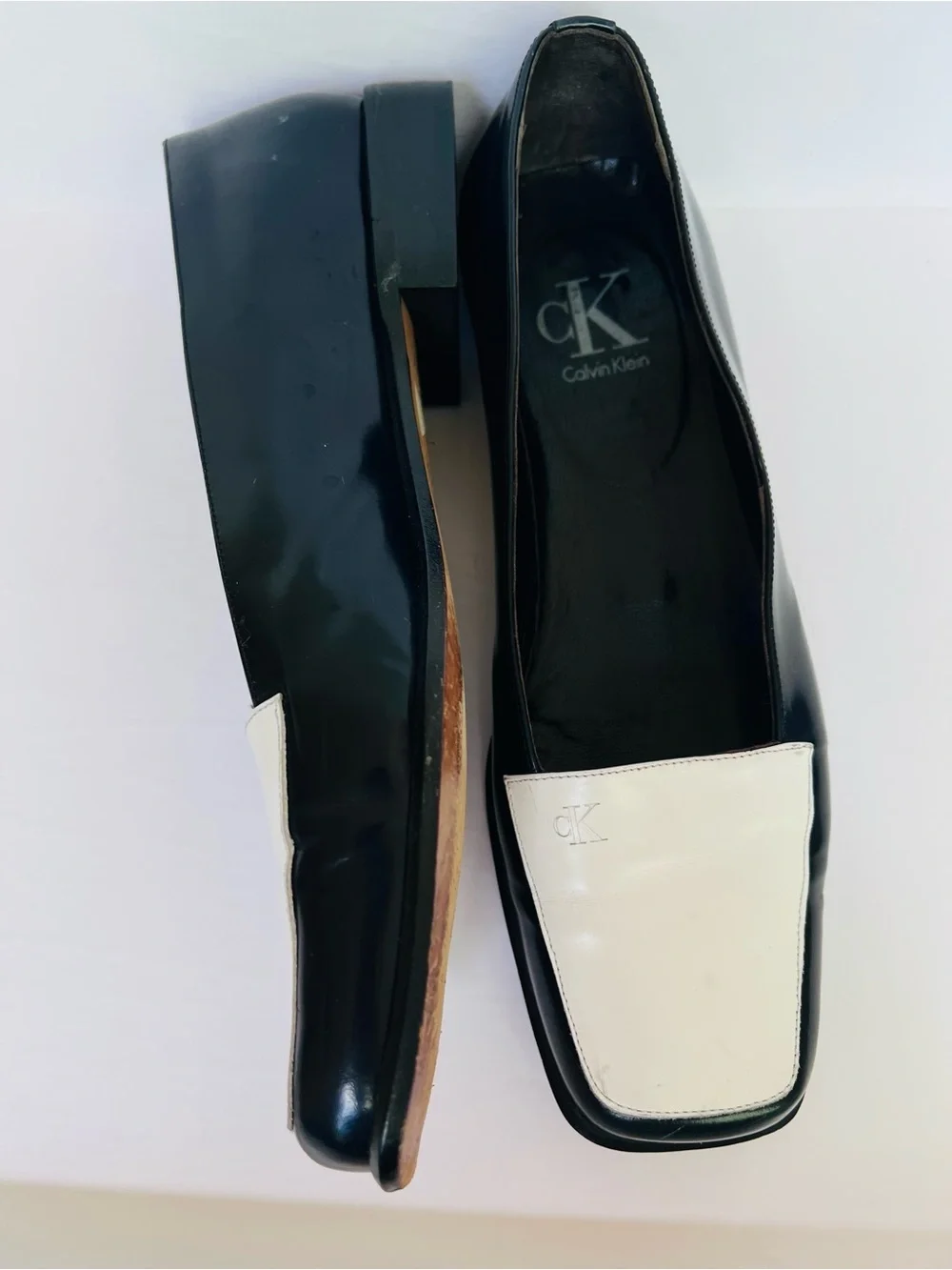 Calvin Klein Collection Black and White Square-Toe Slip-On Loafers